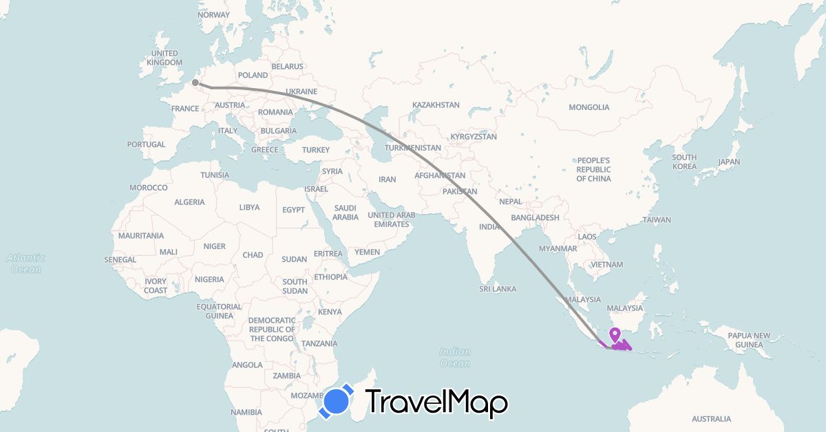 TravelMap itinerary: plane, train in Belgium, Germany, Indonesia (Asia, Europe)